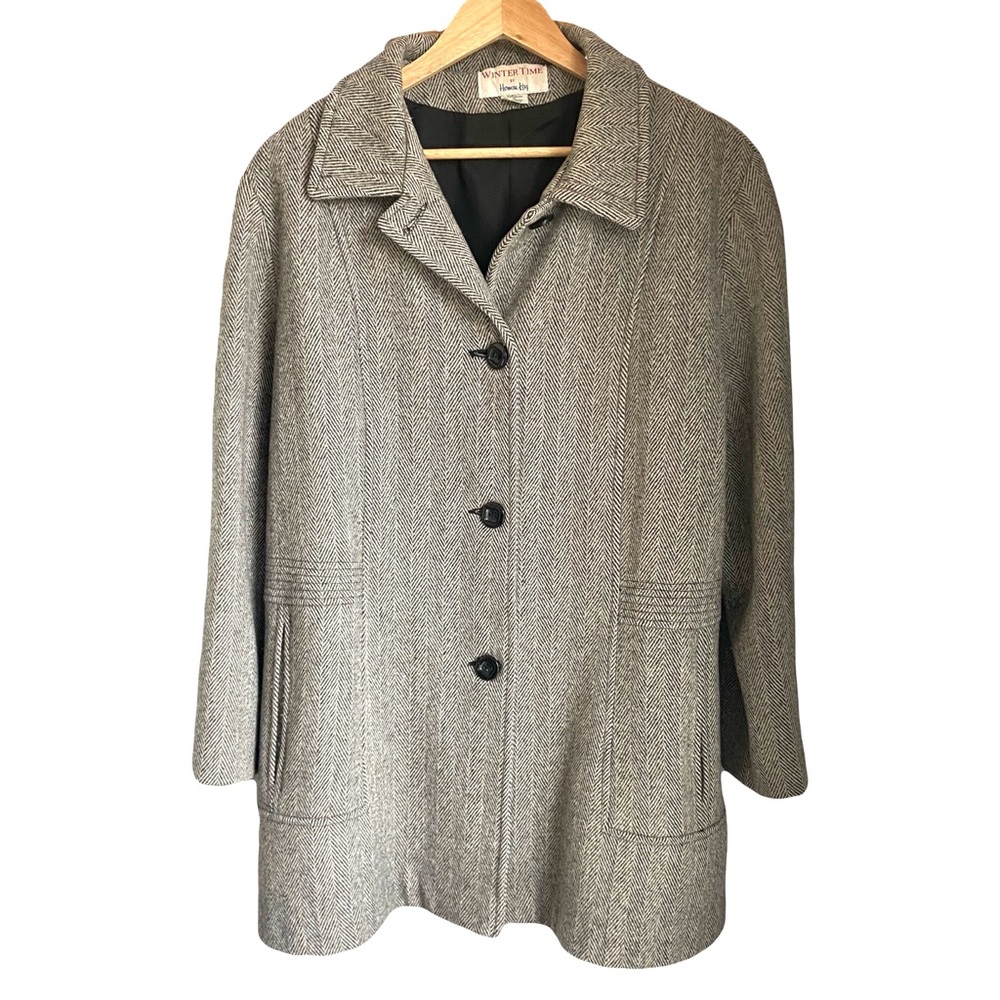 Vintage Gray Herringbone Plaid Wool Blend Coat by Herman Kay